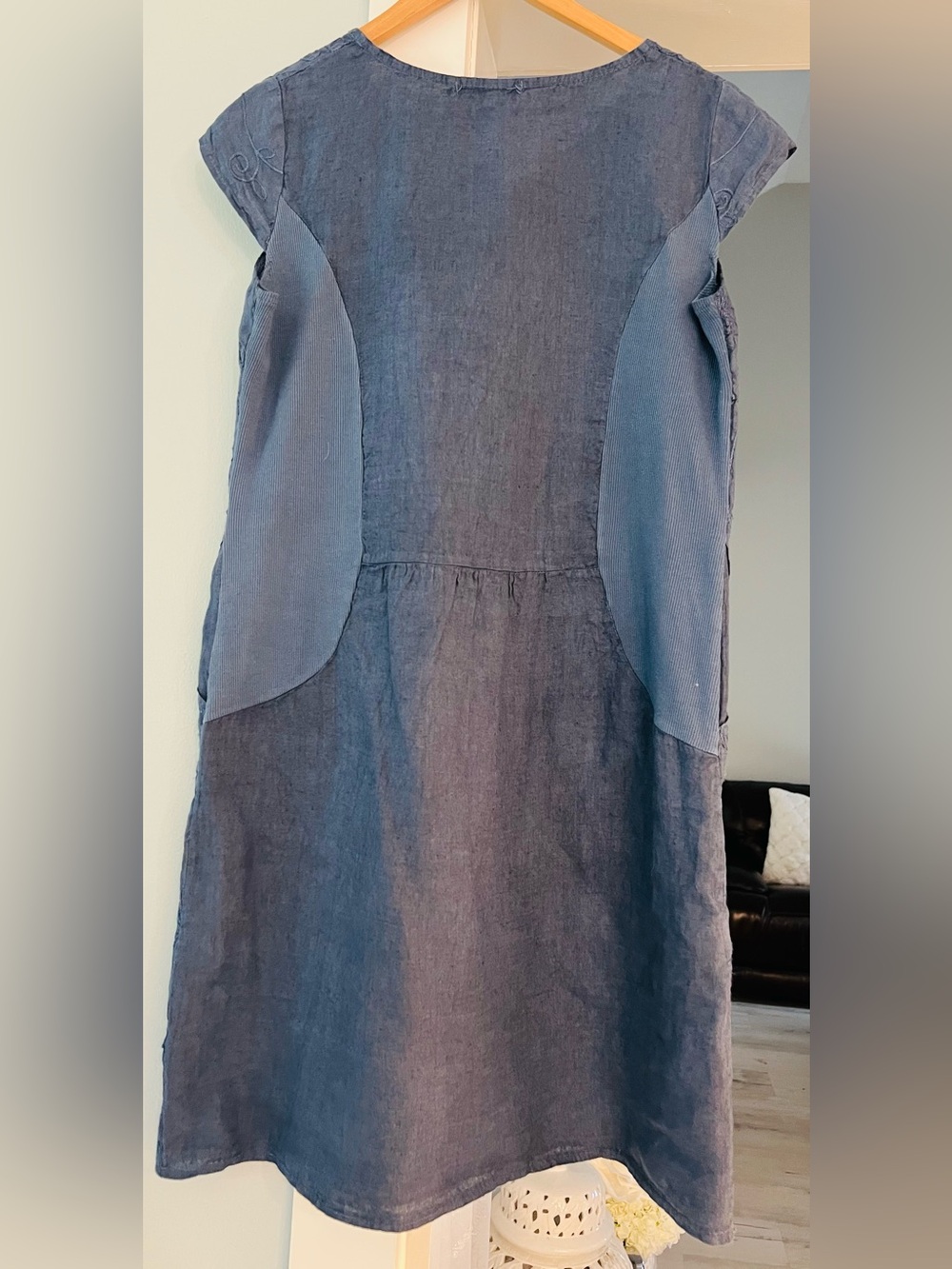 Femme Fatale Italy Embroidered A-Line Midi Skirt in Slate Blue 100% Linen size M - Picture 3 of 11